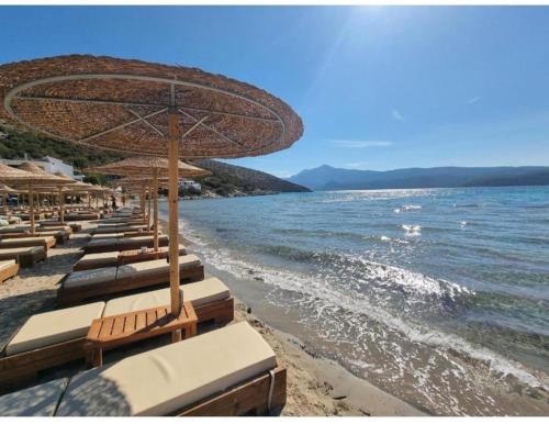 een rij stoelen en parasols op een strand bij Beach front apartment Psili Ammos in Psilí Ámmos