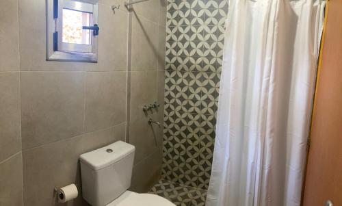 uma casa de banho com um WC e uma cortina de chuveiro em The Top Apartment, desayuno de bienvenida em San Miguel de Tucumán