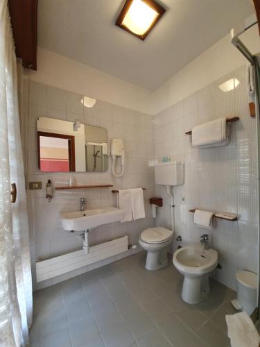 La salle de bains est pourvue de 2 toilettes, d'un lavabo et d'un miroir. dans l'établissement Hotel Le Pageot, à Aoste