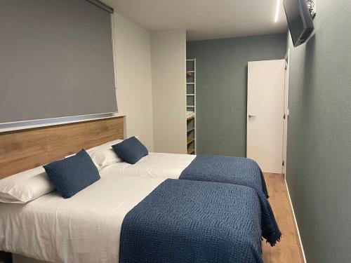 1 dormitorio con 1 cama grande con almohadas azules en Apartamento Con Jardín Rodeado de Viñedos, en Ribadumia