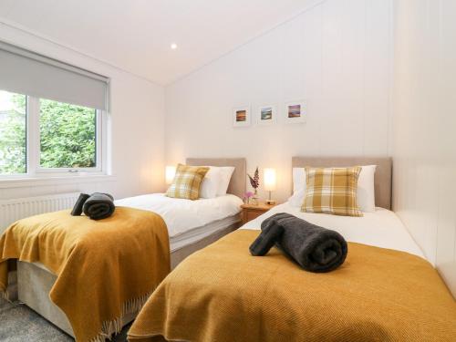 two beds with towels on them in a bedroom at Eden Fields Lodge in Cupar