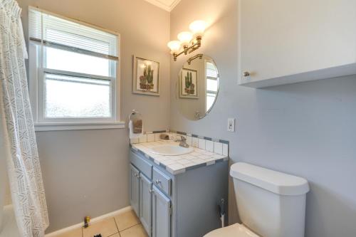 a bathroom with a sink and a toilet and a mirror at Rural Texas Vacation Rental with Fireplace in Dripping Springs