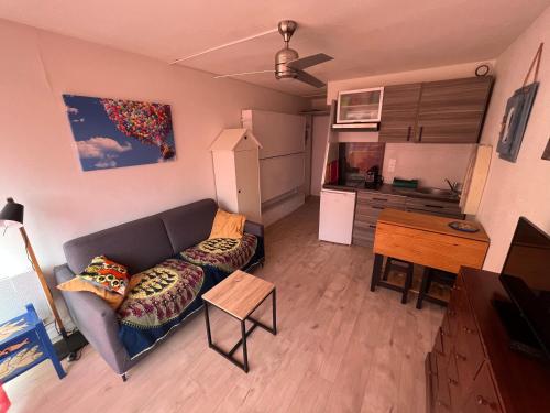 un salon avec un canapé et une cuisine dans l'établissement Superbe studio bord de mer, Sète, à Sète