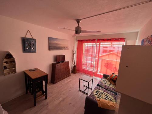 un salon avec un canapé, une table et une fenêtre dans l'établissement Superbe studio bord de mer, Sète, à Sète