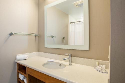 a bathroom with a sink and a mirror at SpringHill Suites by Marriott Houston Rosenberg in Rosenberg