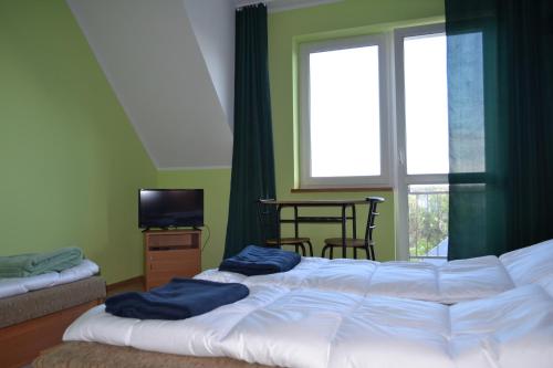 ヤストシェンビャ・グラにあるHubertusのベッドルーム1室(ベッド2台、テレビ、窓付)