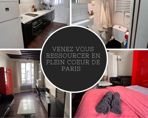 un collage de photos d'une cuisine et d'une chambre dans l'établissement Studio Paisible - En plein coeur de Paris, à Paris