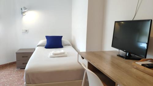 um quarto com uma cama e uma televisão numa secretária em Huéspedes Sa Font em Cidade de Ibiza