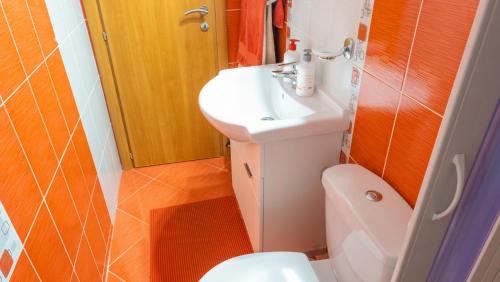 a small bathroom with a sink and a toilet at Nature View Cozy Flat 1 min to Sea in Kotor in Tivat