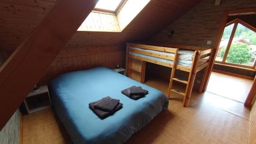 ein Schlafzimmer mit einem Bett, einem Etagenbett und einer Leiter in der Unterkunft Grand Appartement à Gerardmer in Gérardmer