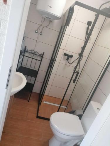 a bathroom with a toilet and a sink at Domki Mielno Mielenko in Mielenko