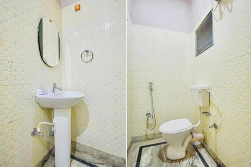two pictures of a bathroom with a toilet and a sink at Hotel Falcon House ! Puri - ViDi Group in Puri