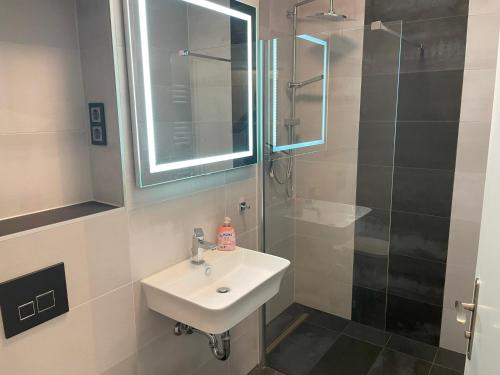 a bathroom with a sink and a shower at Ferienwohnung Strandnah mit Terrasse in Zempin