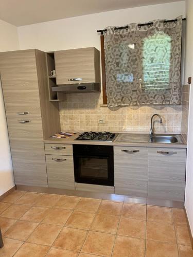 una cucina con lavandino e piano cottura forno superiore di Holiday House La Rosa a Terricciola