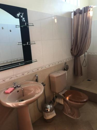 a bathroom with a sink and a toilet and a mirror at Bel appartement avec piscine dans résidence privée in Cap Malheureux