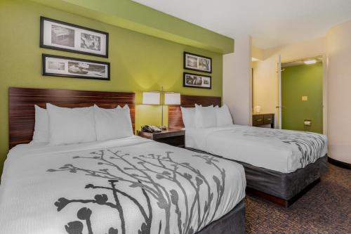 2 Betten in einem Hotelzimmer mit grünen Wänden in der Unterkunft Sleep Inn in Naperville