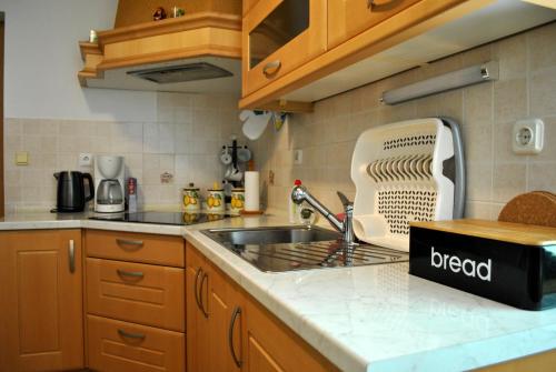 a kitchen with a sink and a dish drying rack at Riverside Village Apartment in Bohinj