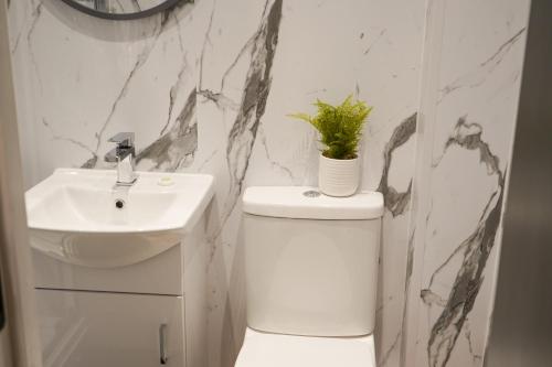 a bathroom with a sink and a toilet with a plant on it at Novana Aparthotel in Glasgow