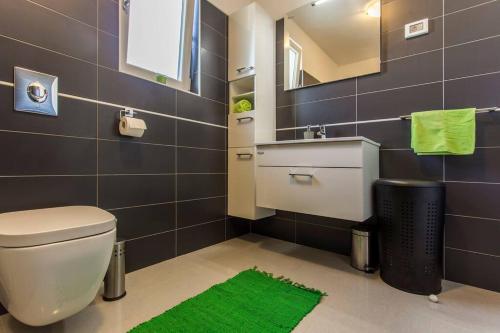 een badkamer met een toilet, een wastafel en een groen tapijt bij Modern House with private pool in Žminj
