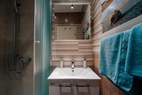 a bathroom with a sink and a shower and a mirror at Apartments Tina in Brela