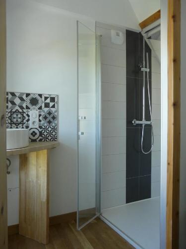 アンスニにあるLoire Escaleのバスルーム(ガラス張りのシャワー、シンク付)