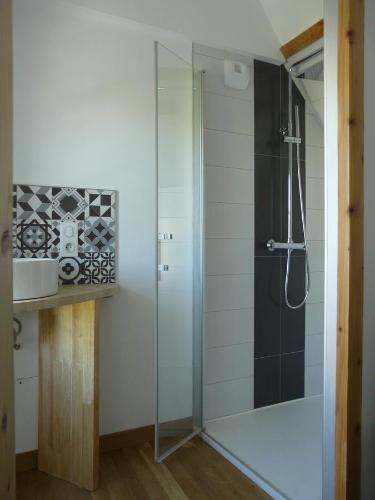 een glazen douche in een badkamer met een wastafel bij Loire Escale in Ancenis