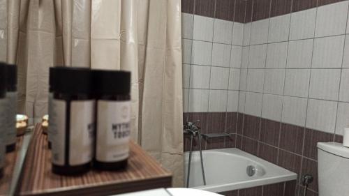 a bathroom with a toilet and a tub and a shower at Βαδόκειος ΓΗ in Zítsa