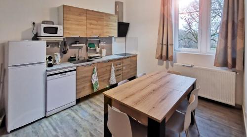 uma cozinha com uma mesa de madeira e um frigorífico branco em Aux Domaines d'Automne em Péronnas
