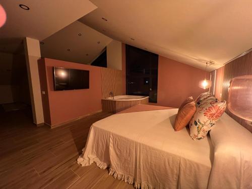 a hotel room with a bed and a bath tub at Casal de pelaio in Barreiros