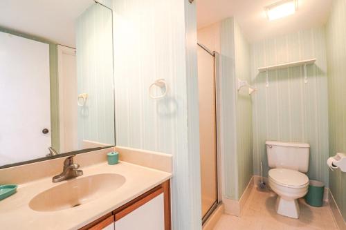 uma casa de banho com um lavatório, um WC e um espelho. em Windjammer 304 em Saint Augustine