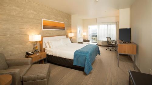 um quarto de hotel com uma cama e uma televisão em Holiday Inn Express Pocatello, an IHG Hotel em Pocatello