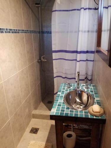 un baño con lavabo y ducha en El Sosiego Posada de Campo, en Colón