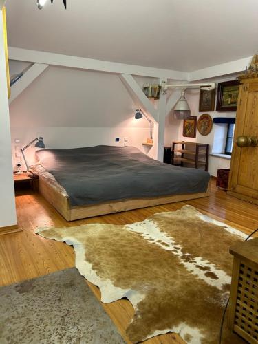 1 dormitorio con 1 cama grande y 1 alfombra en Popice Hideaway, en Znojmo