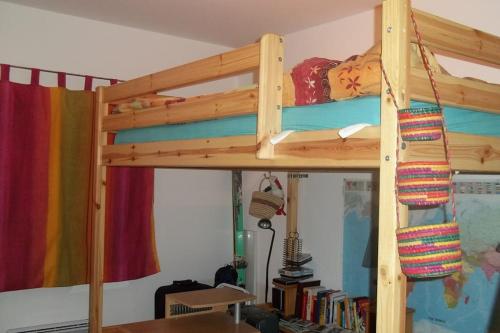 Ce lit superposé en bois se trouve dans un dortoir avec des livres. dans l'établissement Ideal for relaxing, 50 m 2 of happiness, 6 nignts minimum, à Ajaccio