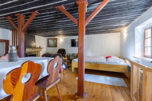 a bedroom with two beds and a wooden ceiling at Chalupa na Šumavě in Malšín