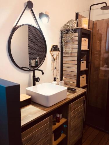 une salle de bain avec un lavabo blanc et un miroir dans l'établissement Maison familiale et spacieuse avec piscine, à Mios