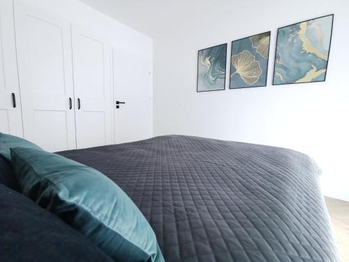 ein Schlafzimmer mit einem Bett mit zwei Bildern an der Wand in der Unterkunft Plażowa Park Apartamenty in Międzywodzie
