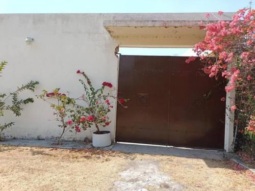 a garage with a brown door and some flowers at Increible casa en renta en Cocoyoc Morelos in Cocoyoc