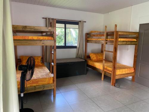 a room with four bunk beds and a window at Pension Reva Teahupoo in Toanoano