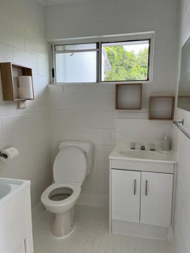 a bathroom with a toilet and a sink and a window at Coral Reef Resort in Cairns