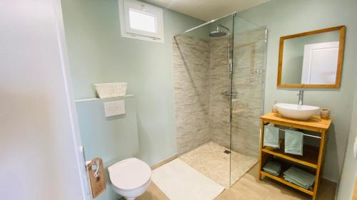 a bathroom with a shower and a toilet and a sink at Appartement Océan View in Le Robert