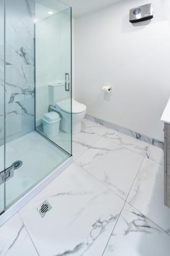 a bathroom with a glass shower and a toilet at Vibrant Central Christchurch Pad 2 bed 1 bath in Christchurch