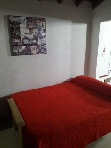 Un dormitorio con una cama roja con una foto en la pared en Monoambiente hospital en Santa Teresita