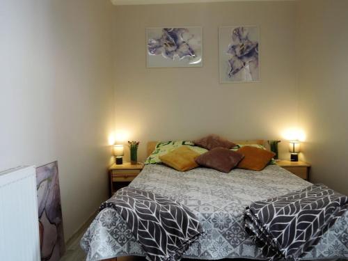 um quarto com uma cama com almofadas e 2 candeeiros em Holiday apartment near the beach in Dziwnów em Dziwnów