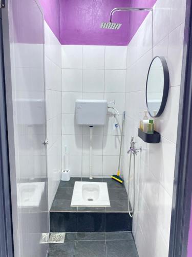 a small bathroom with a toilet and a mirror at AISY HOMESTAY - Rumah 2,3 in Kampong Tanjong Karang