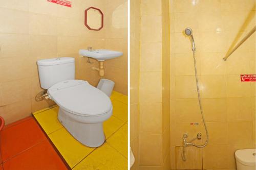 two pictures of a bathroom with a toilet and a sink at Super OYO Capital O 92676 Hotel Sion Holiday in South Tangerang