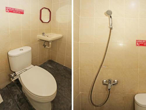 two pictures of a bathroom with a toilet and a sink at OYO 92674 Hotel Ciputat in South Tangerang
