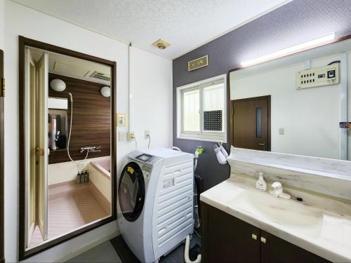 白馬的住宿－Hakuba Echoland Cottage，一间带洗衣机和水槽的浴室