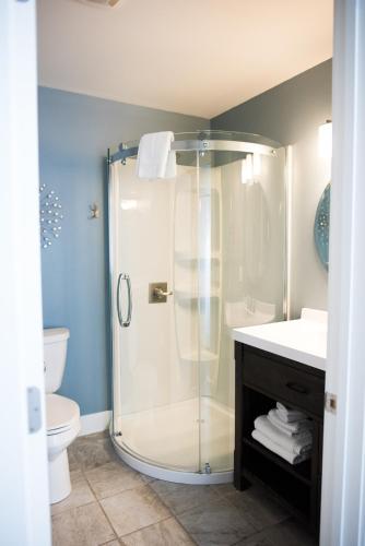 a bathroom with a shower with a sink and a toilet at Caribbean Club Resort in Wisconsin Dells