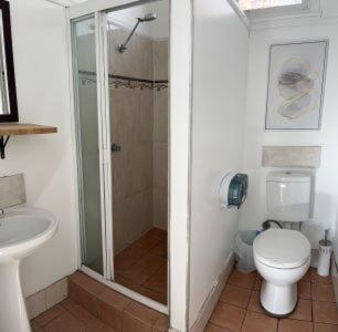 a bathroom with a shower and a toilet and a sink at The Oasis Tamworth in Tamworth